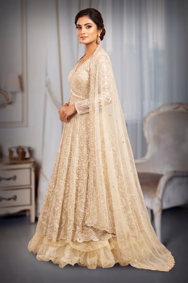 Champagne Indo-Western Lehenga With Sugar Beads And Leaf Embroidery — view 3 of 3