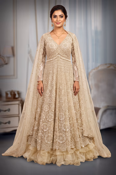 Champagne Indo-Western Lehenga With Sugar Beads And Leaf Embroidery — view 2 of 3