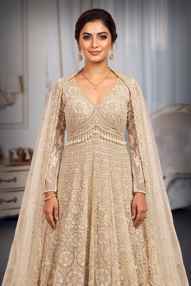 Champagne Indo-Western Lehenga With Sugar Beads And Leaf Embroidery — view 1 of 3