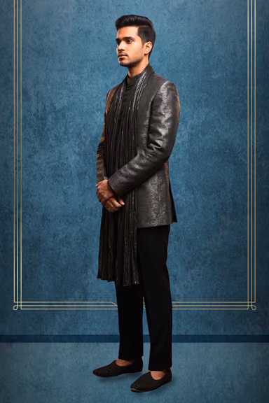 Charcoal Grey Prince Suit with Chinese Collar and Highlighted Textured Fabric Dupatta — view 3 of 3