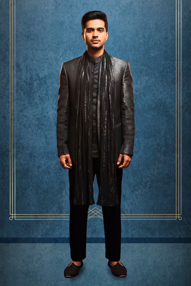 Charcoal Grey Prince Suit with Chinese Collar and Highlighted Textured Fabric Dupatta — view 1 of 3