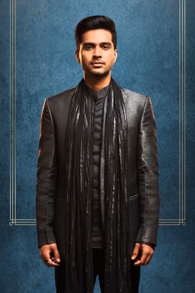 Charcoal Grey Prince Suit with Chinese Collar and Highlighted Textured Fabric Dupatta — view 2 of 3