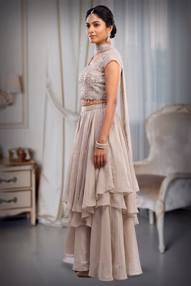 Chic Metallic Grey Tiered Lehenga Set with Floral Embroidered Blouse and Choker — view 3 of 3