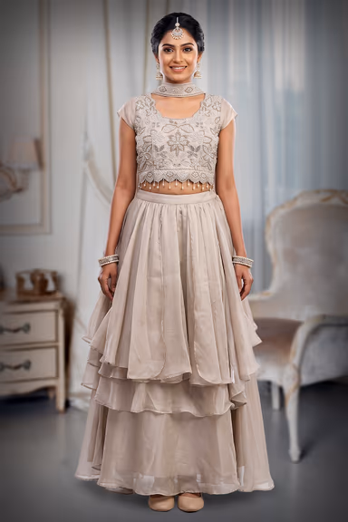 Chic Metallic Grey Tiered Lehenga Set with Floral Embroidered Blouse and Choker — view 2 of 3