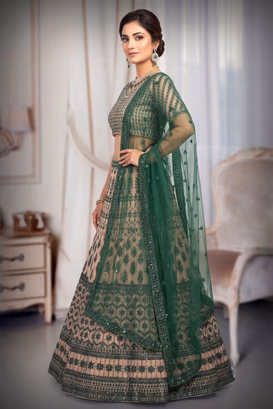 Chikoo And Green Threadworked Minimal Lehenga With Green Blouse And Dupatta — view 3 of 3