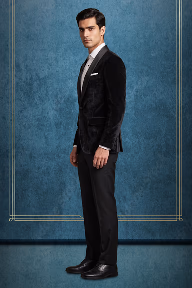 Classic Black Velvet Tuxedo Suit With Formal Silk Lapel Detail — view 3 of 3
