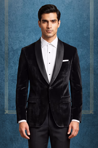 Classic Black Velvet Tuxedo Suit With Formal Silk Lapel Detail — view 2 of 3