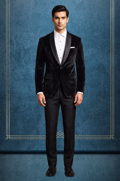 Classic Black Velvet Tuxedo Suit With Formal Silk Lapel Detail — view 1 of 3