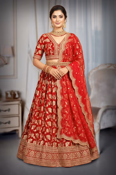 Classic Crimson Red Floral Jacquard & Embroidered Bridal Lehenga Choli Set with Organza Dupatta — view 2 of 3