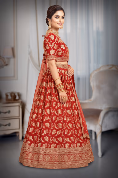 Classic Crimson Red Floral Jacquard & Embroidered Bridal Lehenga Choli Set with Organza Dupatta — view 3 of 3