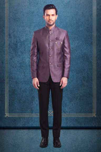 Classic Wine-Toned Silk Bandhgala with Ornamental Brooch and Chain Detail — view 1 of 3