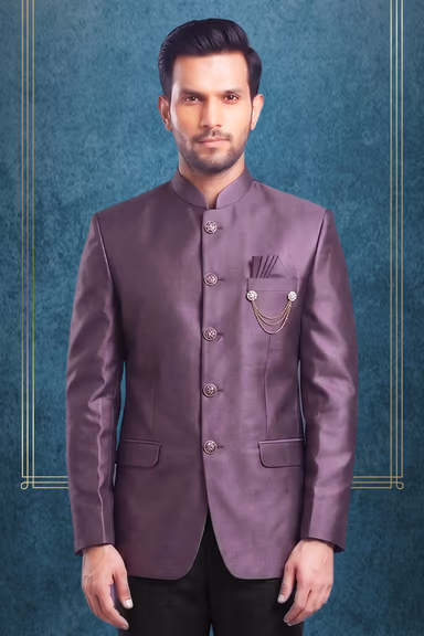 Classic Wine-Toned Silk Bandhgala with Ornamental Brooch and Chain Detail — view 2 of 3