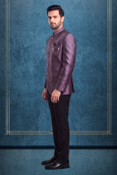 Classic Wine-Toned Silk Bandhgala with Ornamental Brooch and Chain Detail — view 3 of 3