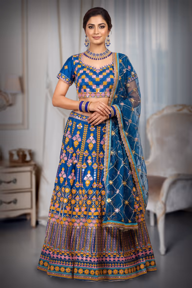 Cobalt Blue Heavy Worked Lehenga With Contrast Colour Threadwork Details And Same colour Dupatta — view 2 of 3