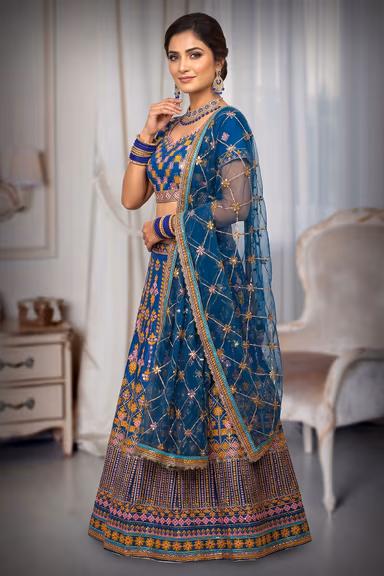 Cobalt Blue Heavy Worked Lehenga With Contrast Colour Threadwork Details And Same colour Dupatta — view 3 of 3