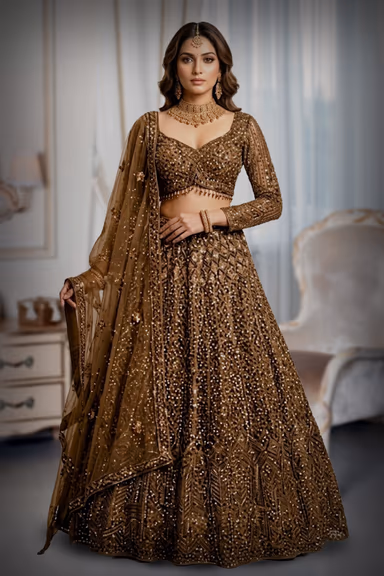 Copper-Bronze Net Lehenga with All-Over Geometric Sequin and Micro-Bead Hand Embroidery — view 2 of 2