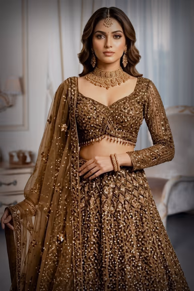 Copper-Bronze Net Lehenga with All-Over Geometric Sequin and Micro-Bead Hand Embroidery — view 1 of 2