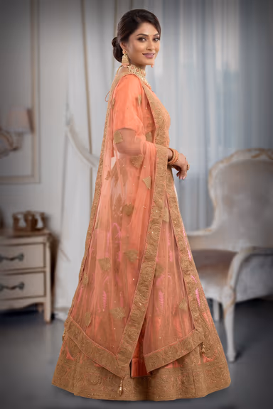 Coral Peach Embroidered Lehenga — view 3 of 3