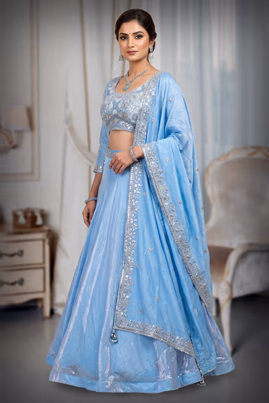 Cyan Blue Tissue Silk Crop Top Lehenga With Elegant Handwork Details — view 3 of 4