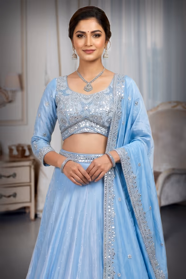 Cyan Blue Tissue Silk Crop Top Lehenga With Elegant Handwork Details — view 1 of 4