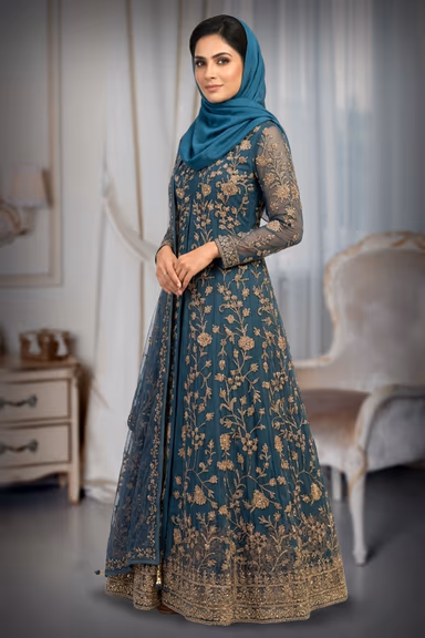 Dark Blue Net Gown With Golden Threadwork And Stonework Details — view 3 of 3
