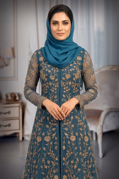Dark Blue Net Gown With Golden Threadwork And Stonework Details — view 1 of 3