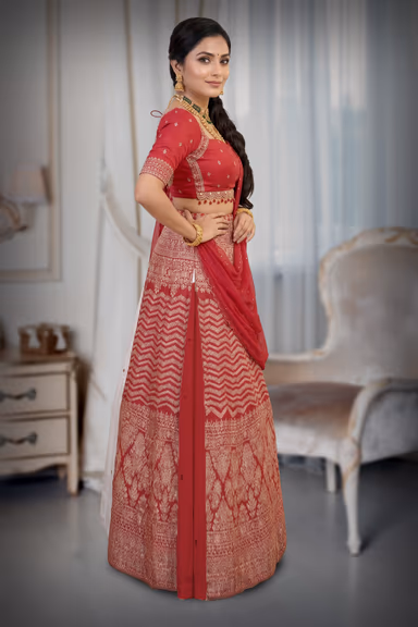 Dark Majentha Pre Wedding Lehenga With Microprint Detailed Skirt, Handworked Top And Same Color Dupatta — view 3 of 4