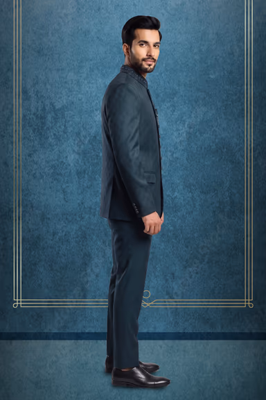 Dark Teal Jacquard Indo-Western Bandhgala Suit with Matching Trousers — view 3 of 3