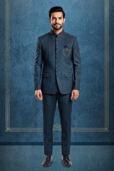 Dark Teal Jacquard Indo-Western Bandhgala Suit with Matching Trousers — view 1 of 3