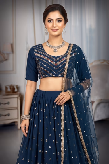 Deep Blue Georgette Flared Lehenga With Heavy Embellished Blouse And Net Dupatta — view 1 of 3