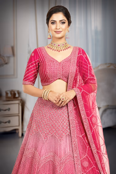 Deep Magenta Pink Geometric Sequins & Mirror-Work Bridal Lehenga Choli Set with Net Dupatta — view 1 of 3