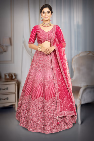 Deep Magenta Pink Geometric Sequins & Mirror-Work Bridal Lehenga Choli Set with Net Dupatta — view 2 of 3