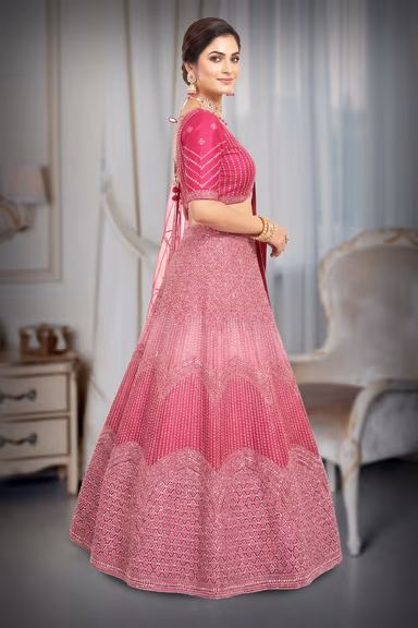 Deep Magenta Pink Geometric Sequins & Mirror-Work Bridal Lehenga Choli Set with Net Dupatta — view 3 of 3