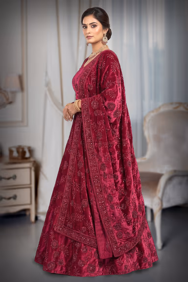 Deep Magenta Pink Velvet Embroidered Lehenga Choli Set with Velvet Dupatta — view 3 of 3
