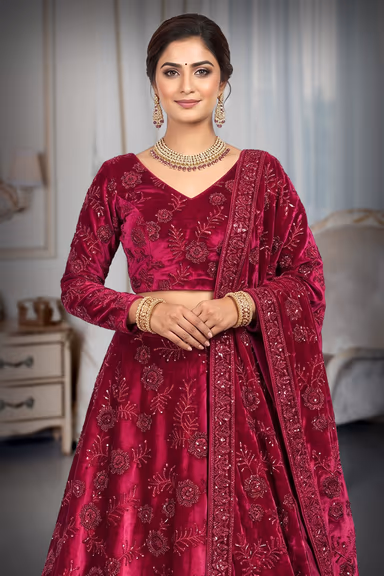 Deep Magenta Pink Velvet Embroidered Lehenga Choli Set with Velvet Dupatta — view 1 of 3