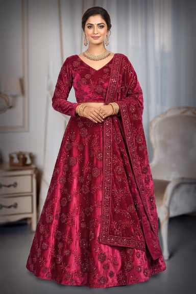 Deep Magenta Pink Velvet Embroidered Lehenga Choli Set with Velvet Dupatta — view 2 of 3