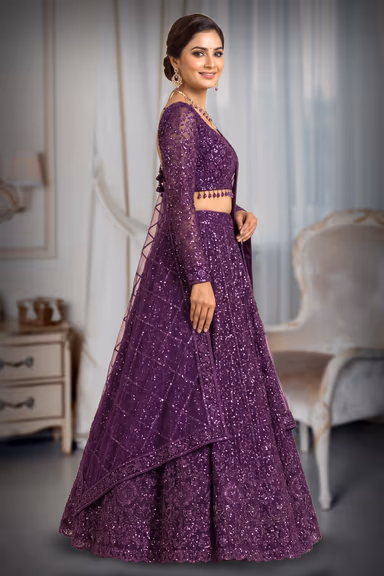 Deep Plum Fully Sequined Bridal Lehenga with Embellished Dupatta and Elegant Blouse — view 3 of 3