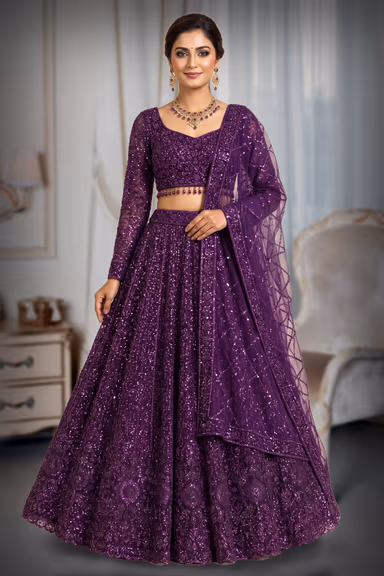 Deep Plum Fully Sequined Bridal Lehenga with Embellished Dupatta and Elegant Blouse — view 2 of 3
