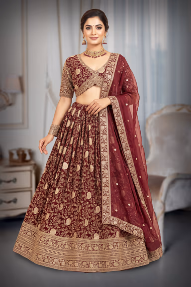 Deep Wine Maroon & Antique Gold Zardozi Embroidered Bridal Lehenga Choli Set with Matching Dupatta — view 2 of 3