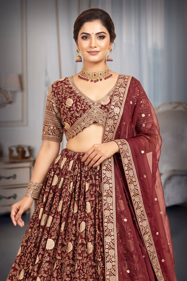 Deep Wine Maroon & Antique Gold Zardozi Embroidered Bridal Lehenga Choli Set with Matching Dupatta — view 1 of 3