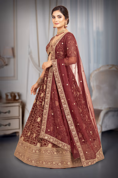 Deep Wine Maroon & Antique Gold Zardozi Embroidered Bridal Lehenga Choli Set with Matching Dupatta — view 3 of 3