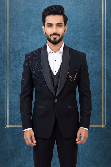 Designer Black Single-Breasted Tuxedo Jacket with Asymmetric Shoulder Embroidery & Satin Shawl Lapel — view 2 of 3