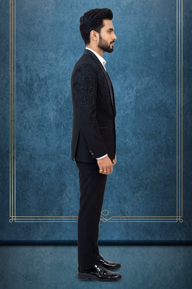 Designer Black Single-Breasted Tuxedo Jacket with Asymmetric Shoulder Embroidery & Satin Shawl Lapel — view 3 of 3