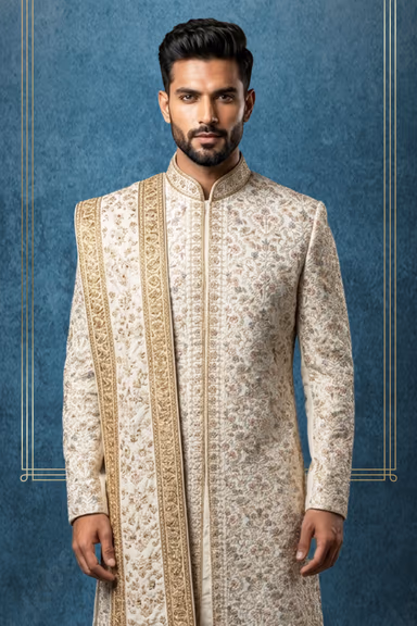Designer Embroidered Sherwani Set with Shawl — view 2 of 3