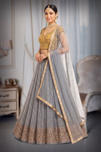 Dual-Tone Lehenga with Matte Gold Blouse and Golden Sequin Work — view 3 of 3