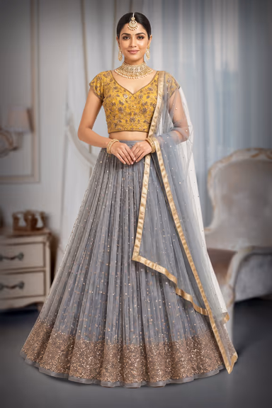 Dual-Tone Lehenga with Matte Gold Blouse and Golden Sequin Work — view 2 of 3
