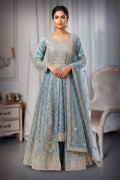 Dusty Blue Heavy Embroidered Chiffon Anarkali Set — view 2 of 2