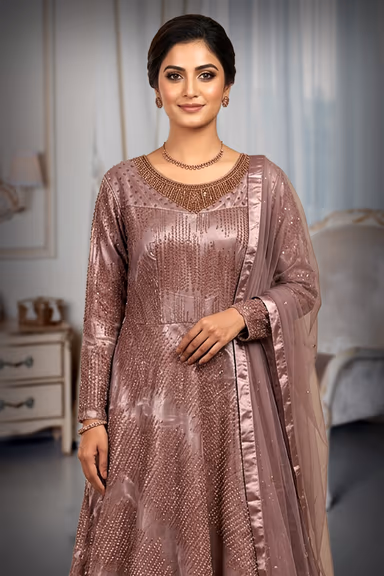 Dusty Mauve Embellished Shimmer Silk Anarkali Gown with Soft Net Dupatta — view 1 of 3
