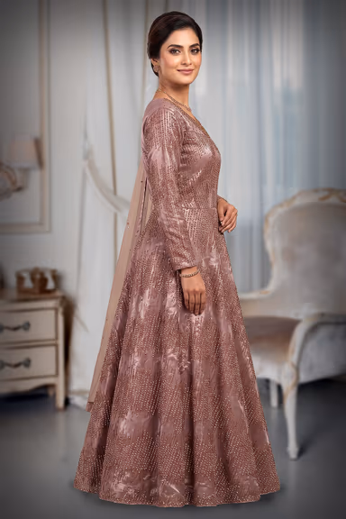 Dusty Mauve Embellished Shimmer Silk Anarkali Gown with Soft Net Dupatta — view 3 of 3
