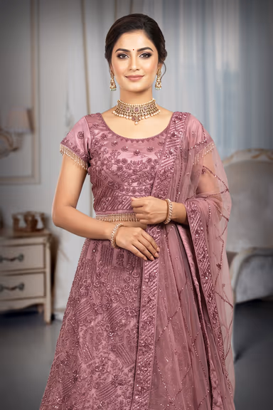 Dusty Mauve Pink Heavy Hand Embroidered Bridal Lehenga — view 1 of 3